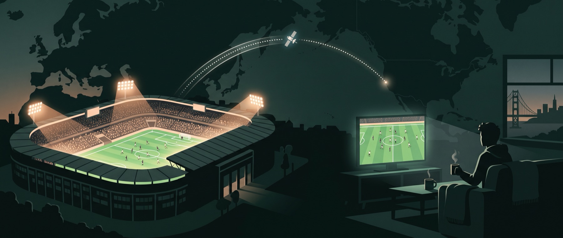 Illustration: a floodlit European stadium at night on the left; on the right, a fan watching the match at dawn in a San Francisco living room, the broadcast signal arcing between them across a world map.