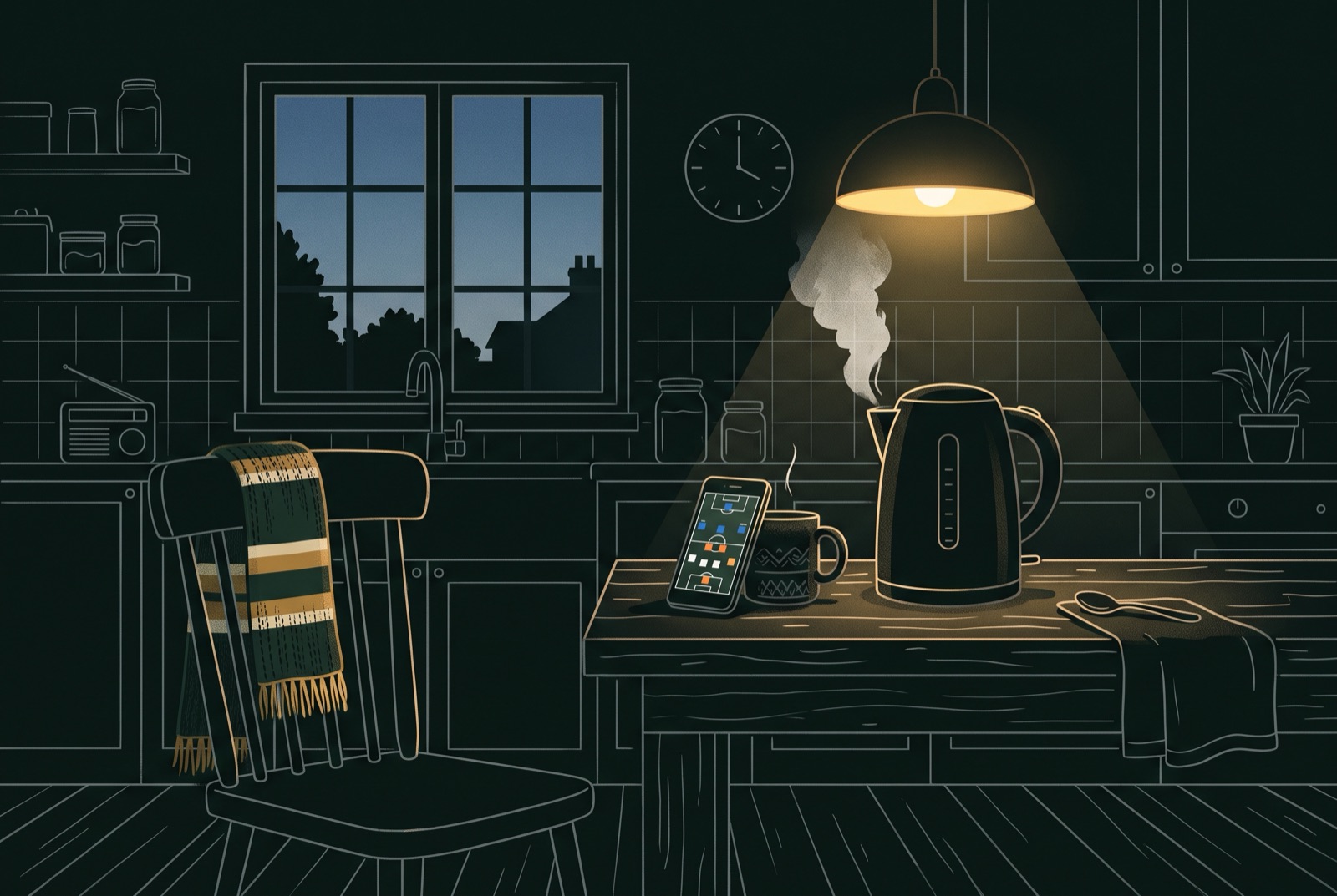 Illustration: a quiet kitchen before dawn — kettle steaming under a single lamp, a club scarf on the chair, a phone propped against a mug showing the day's lineup.