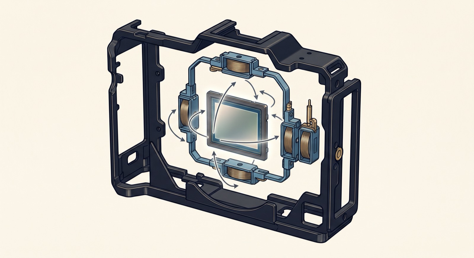 Rendered exploded view of an in-body stabilization unit: sensor suspended by electromagnetic actuators with five axes of correction