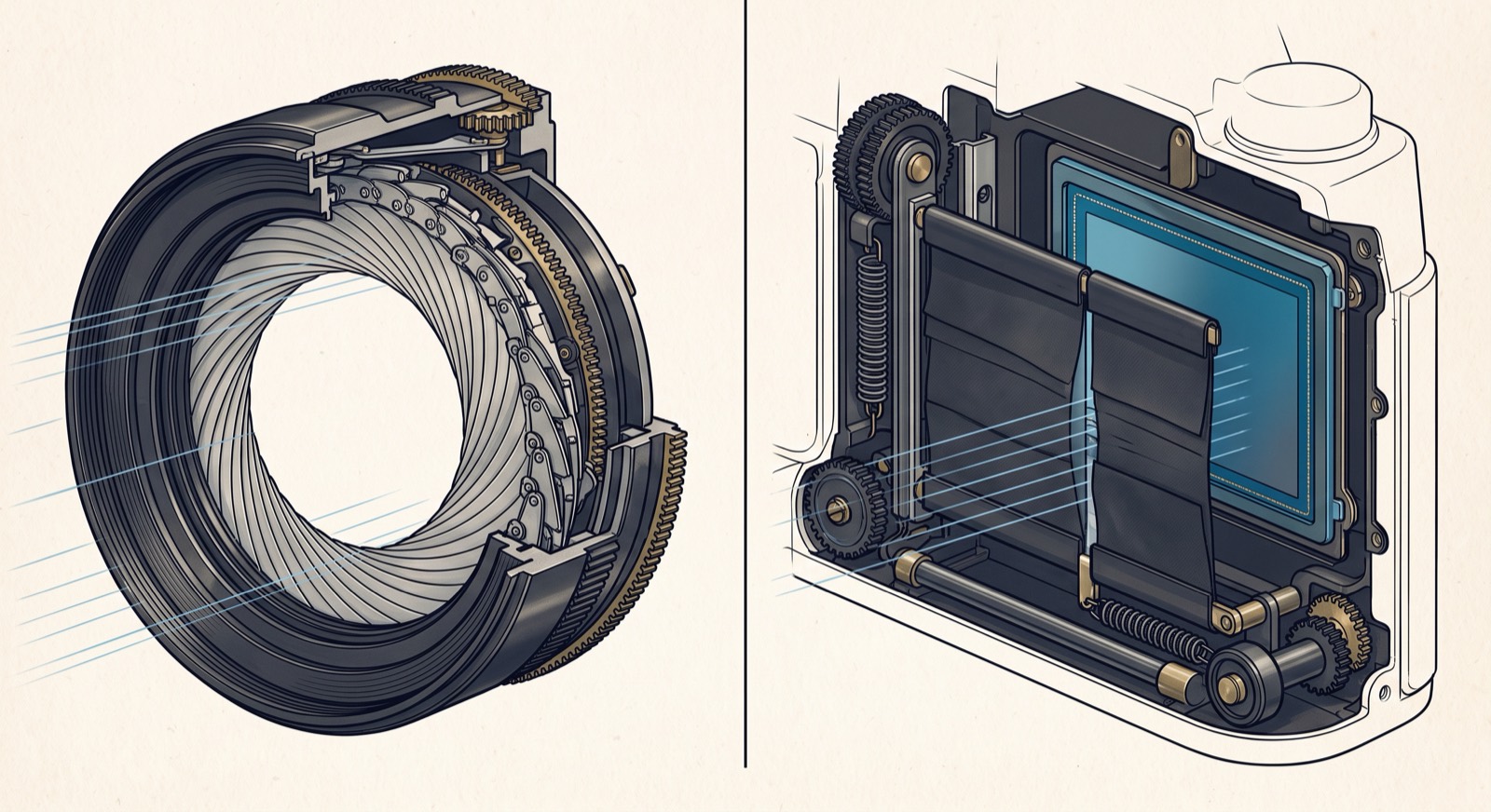 Rendered cutaway comparing a leaf shutter, blades inside the lens exposing the whole frame at once, with a focal-plane shutter slit traveling across a sensor
