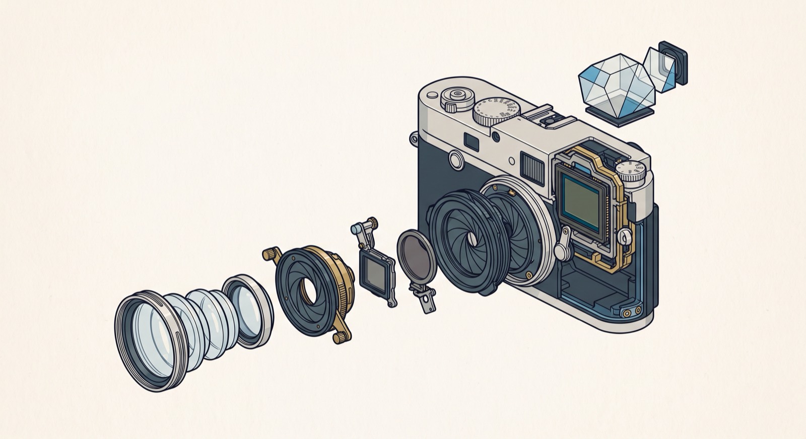 Rendered exploded view of an X100VI-style camera: lens elements, aperture iris, ND filter, leaf shutter, sensor on stabilizer cage, hybrid viewfinder prism