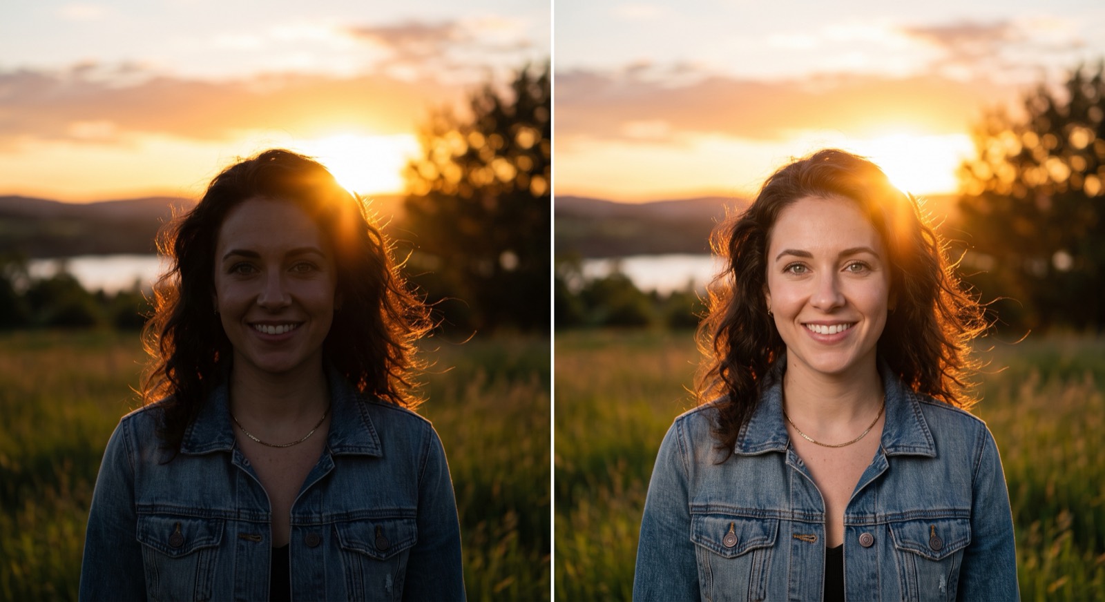 Rendered comparison of a backlit portrait without and with subtle fill flash, background exposure identical in both halves