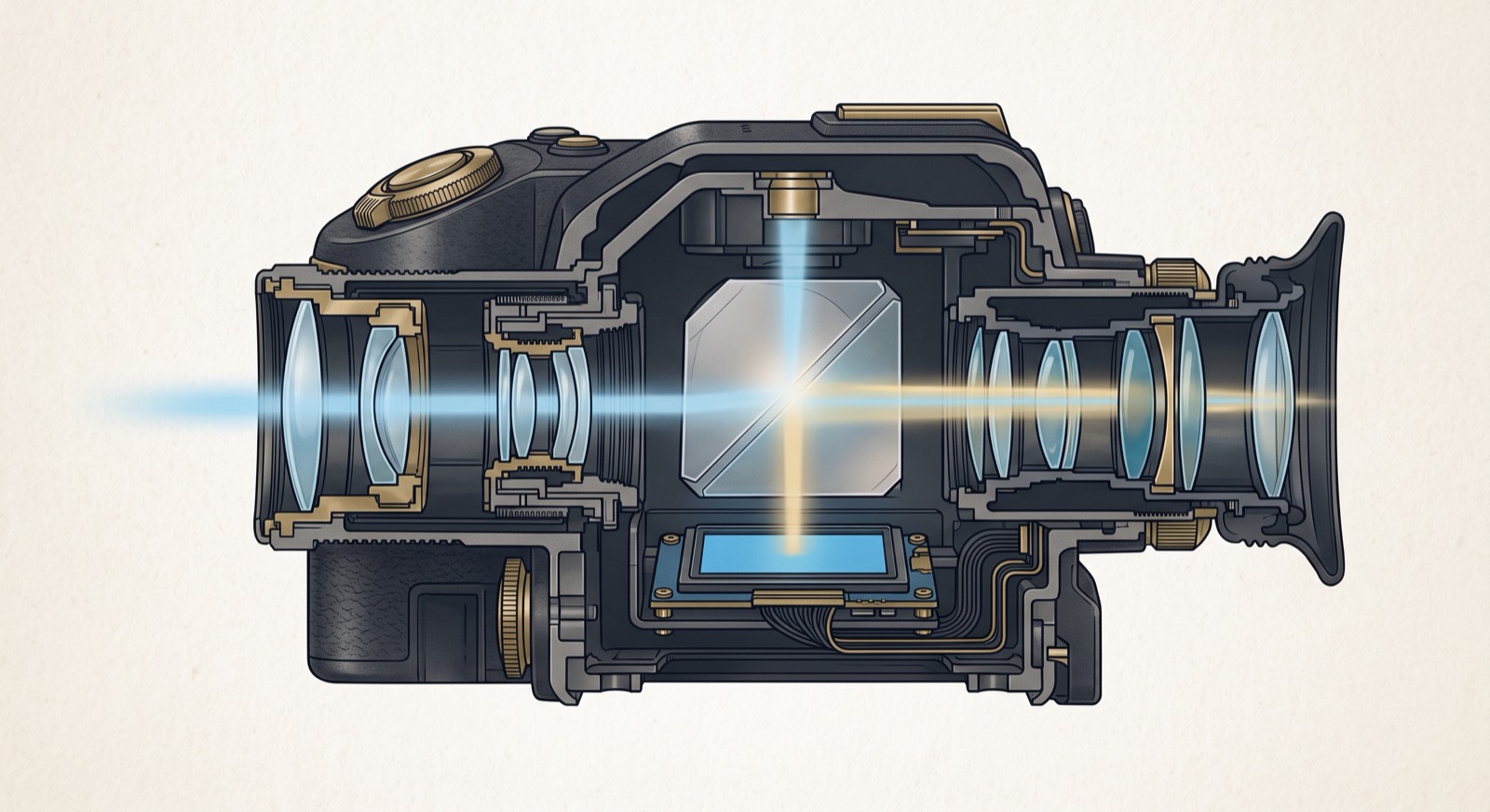 Rendered cutaway of a hybrid viewfinder: optical path passing straight through and an EVF panel projected into the eyepiece via a prism