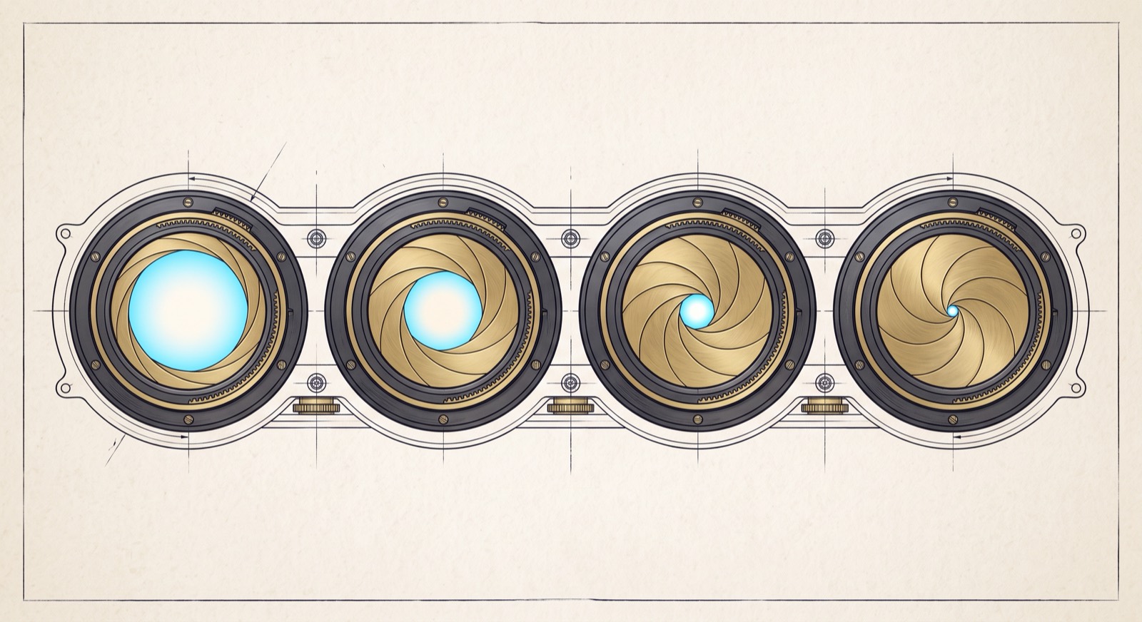Rendered illustration of a nine-blade lens iris at four progressively smaller openings