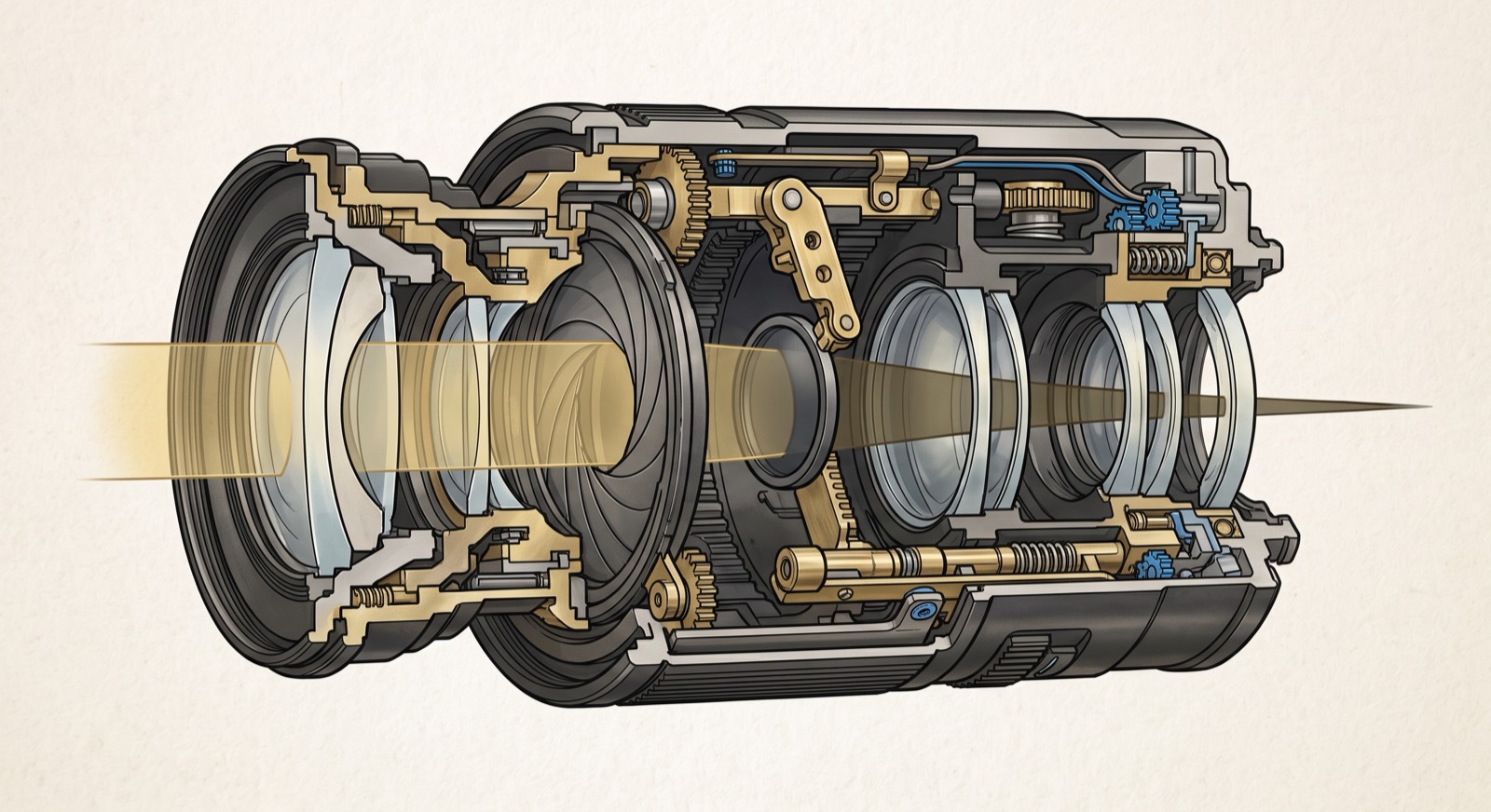 Rendered cutaway of a camera lens barrel showing glass elements, aperture blades and focus mechanics with a light ray converging to a point