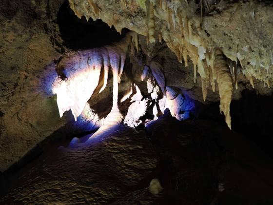 Cave stalactites lit by mixed white and blue lights