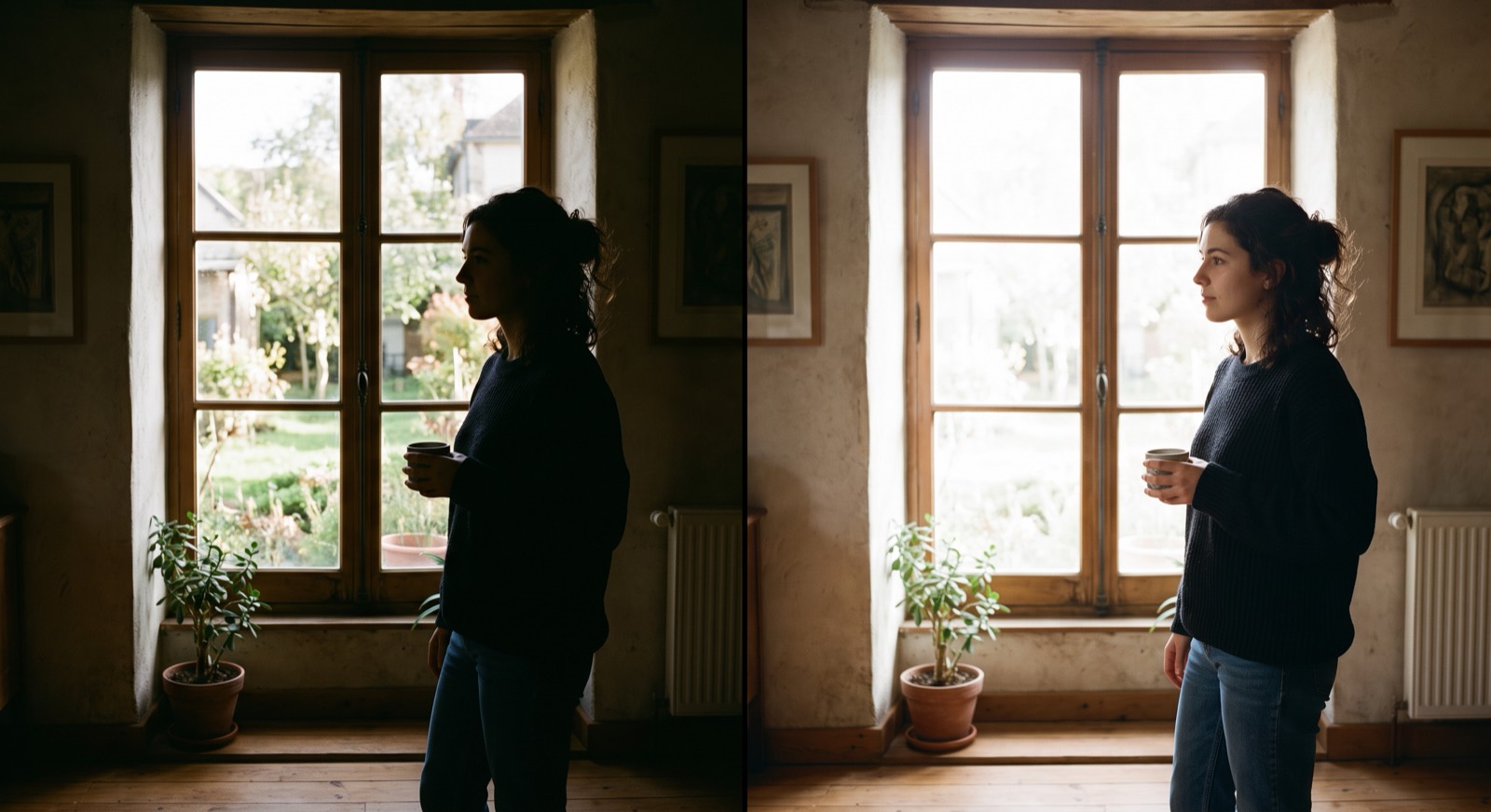Split comparison: backlit subject fallen to silhouette versus face properly exposed by spot metering