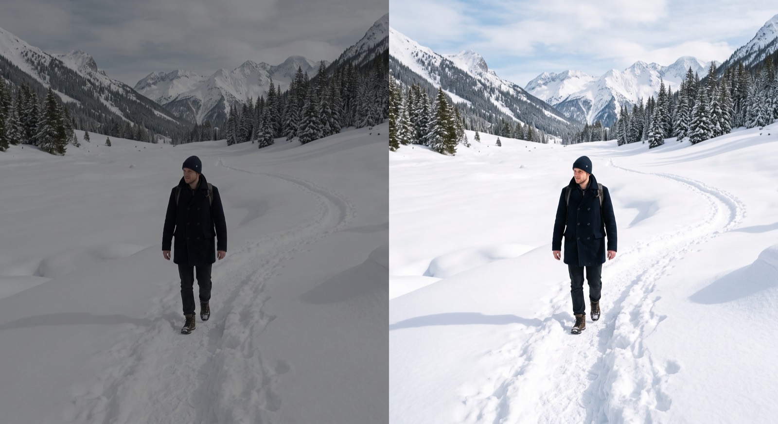 Split comparison: snowfield rendered dull gray by the meter versus corrected bright white at plus 1 and two thirds EV