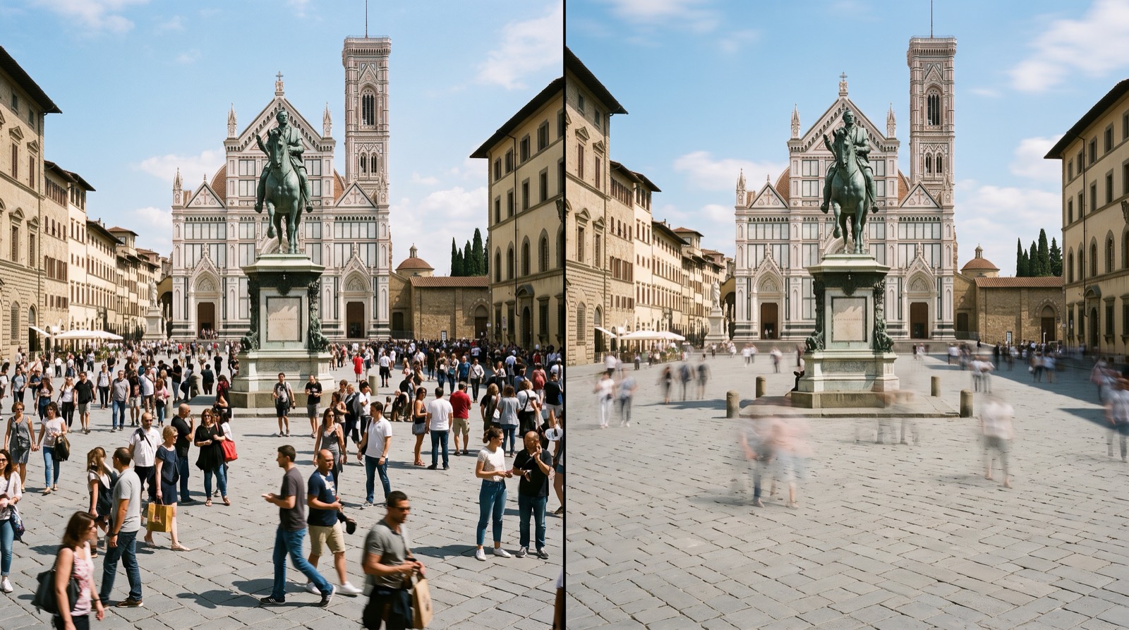 Rendered comparison of a crowded piazza: fast shutter freezes the crowd, half-second exposure blurs pedestrians into ghosts around a sharp statue