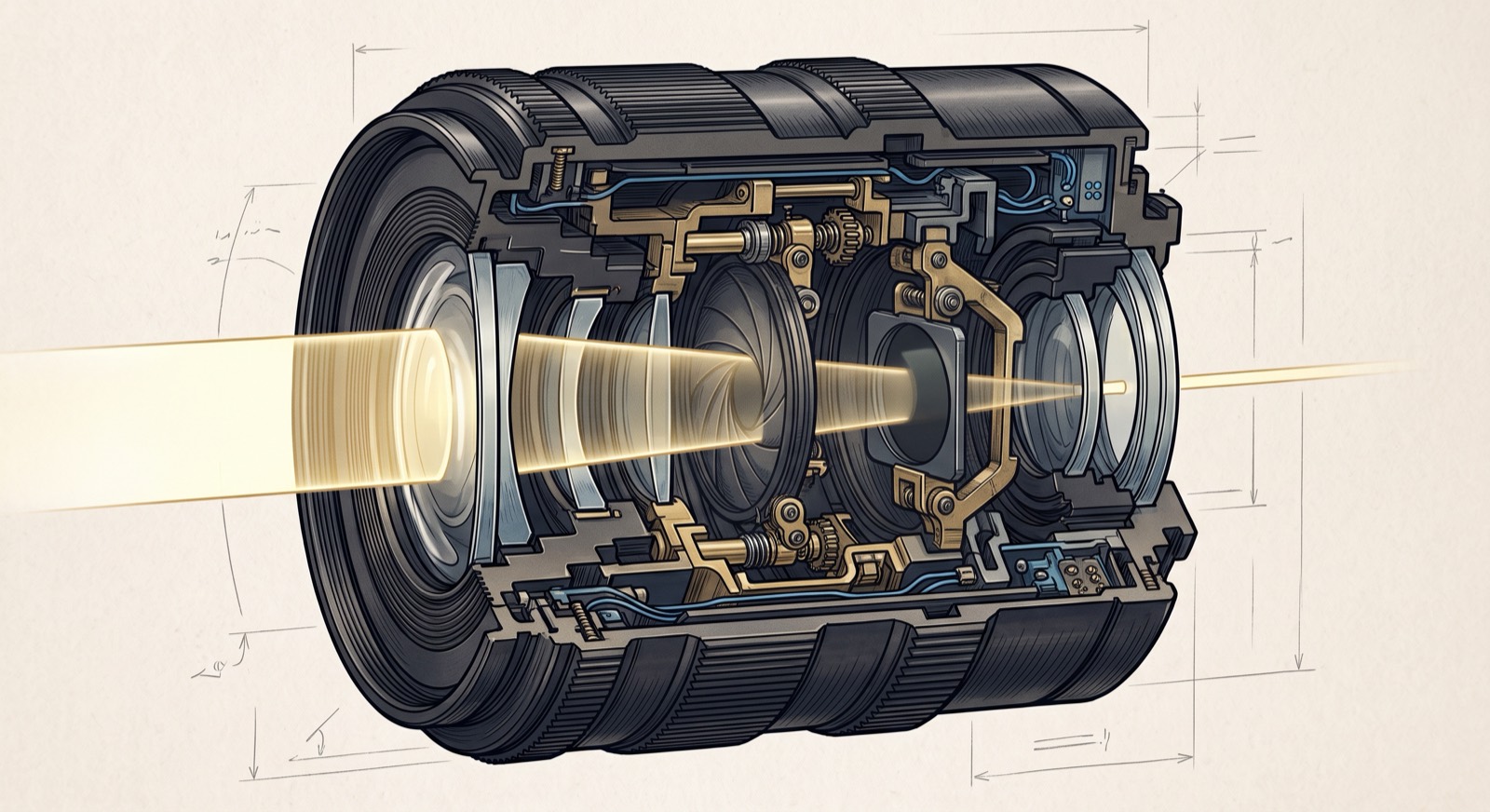 Rendered cutaway of a lens barrel with a neutral density element on a pivot arm swung into the light path, the beam dimming after it