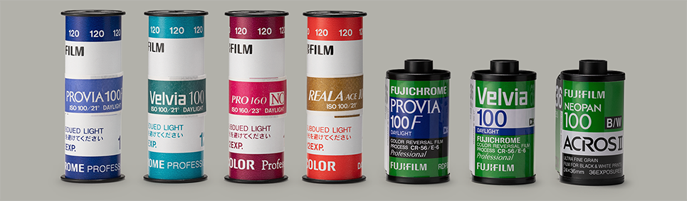 Fujifilm's original film boxes and canisters: Provia, Velvia, Pro 160, Reala, Provia 100F, Velvia 100, Neopan Acros II