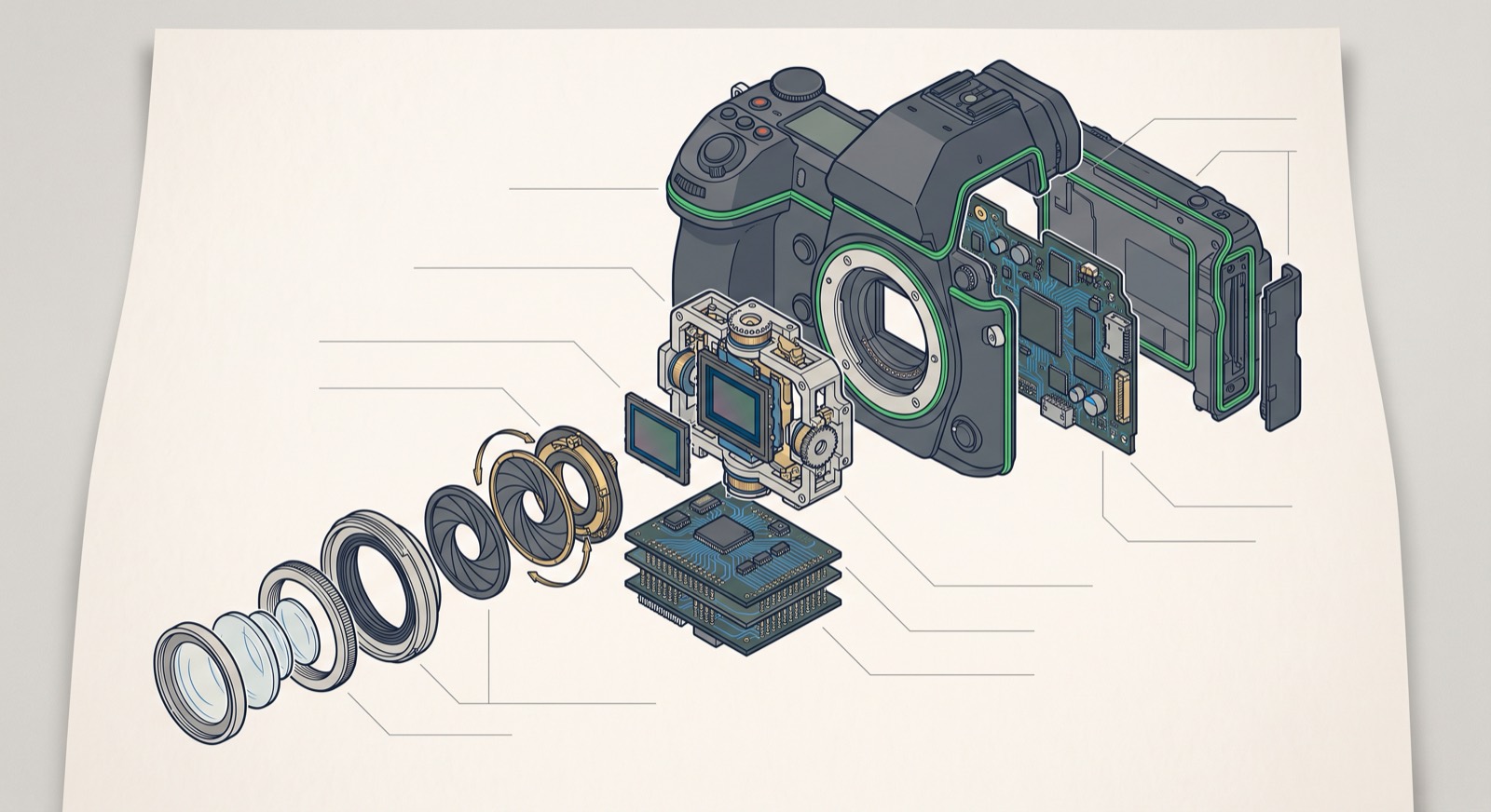 Rendered exploded view of a weather-sealed mirrorless camera: lens elements, aperture iris, sensor on a five-axis stabilizer cage, processor boards and green gaskets