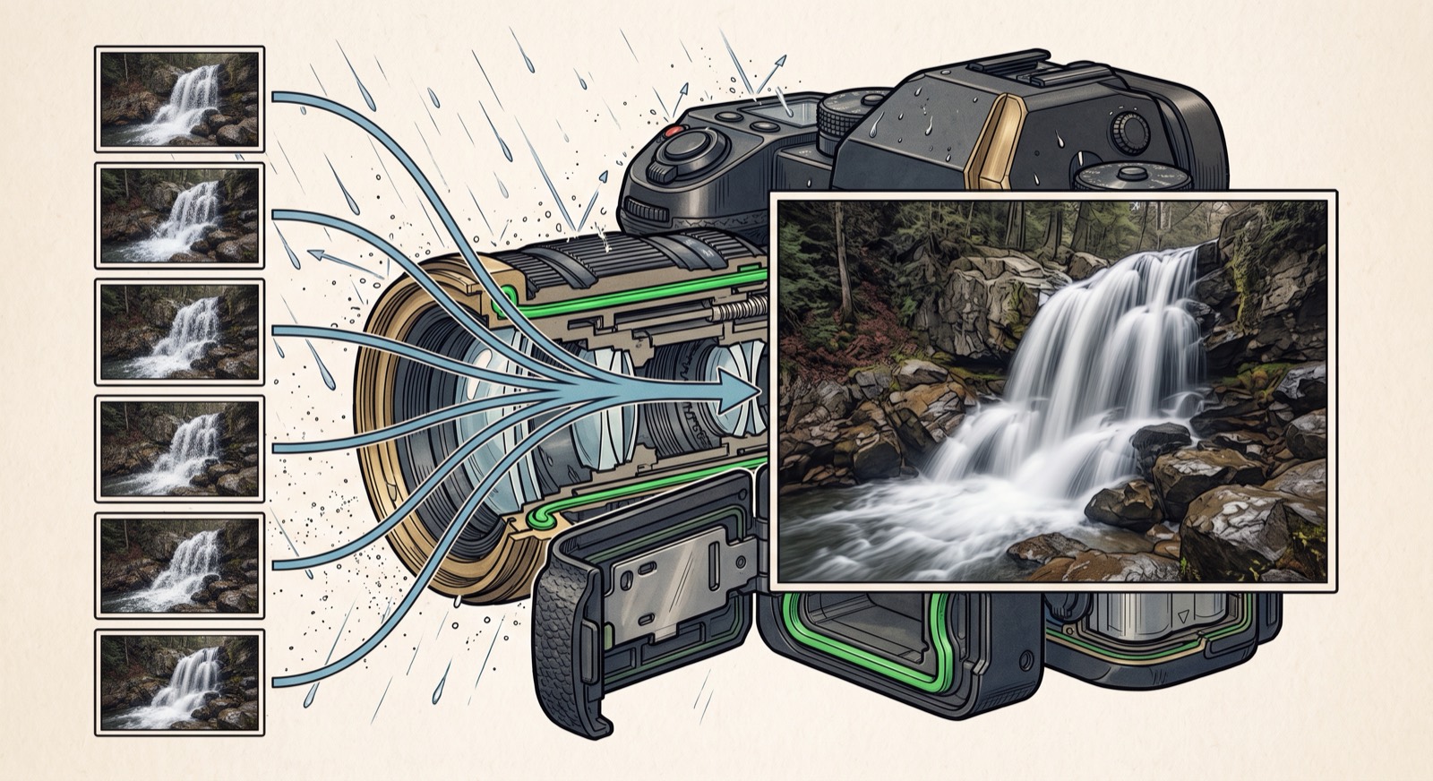 Rendered illustration of Live ND: six sequential waterfall frames averaged into a single silky long-exposure result previewed on the camera screen
