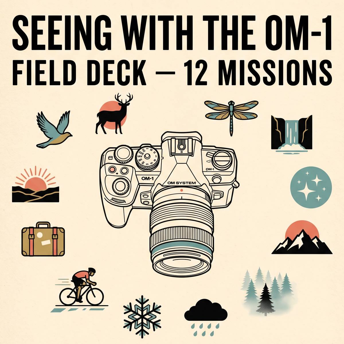 Field deck cover for the OM-1 guide: twelve mission icons around a top-down camera illustration