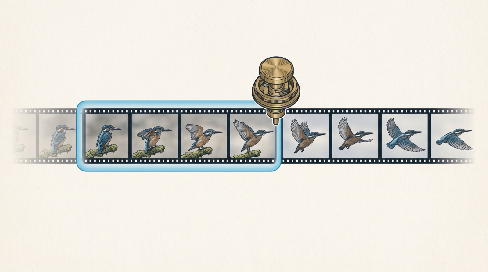Rendered illustration of ProCapture: a film strip of a kingfisher launching, with frames before the shutter press highlighted as kept and older frames fading away