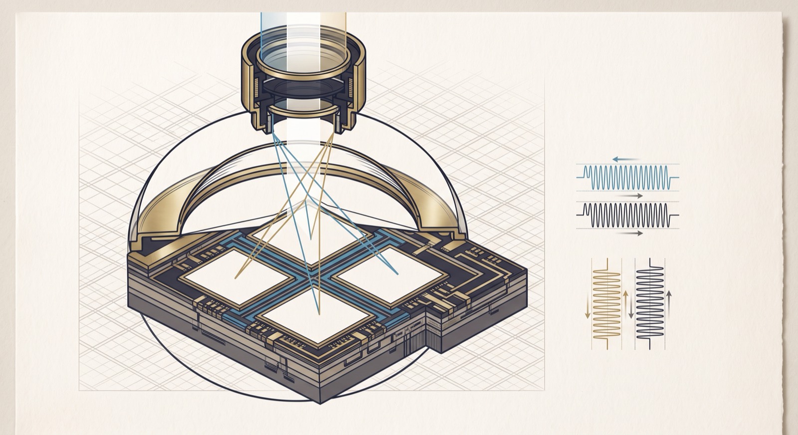 Rendered cutaway of quad-pixel autofocus: one microlens over four photodiode quadrants with light split four ways and horizontal and vertical waveform pairs aligning
