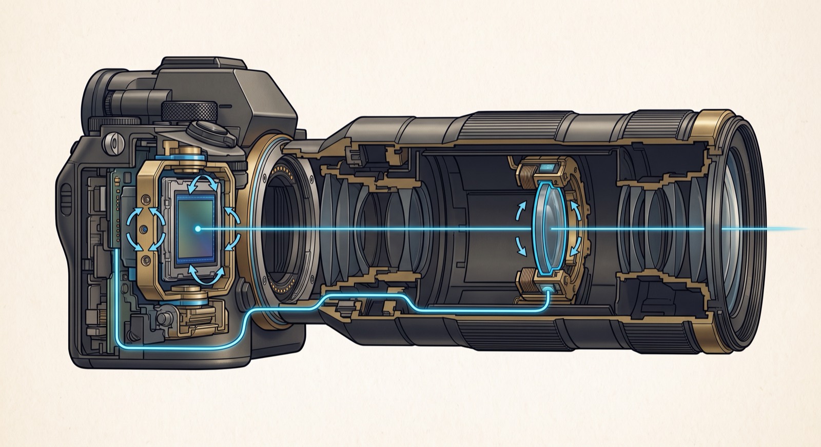 Rendered cutaway of Sync-IS: a camera body with a floating stabilized sensor and a telephoto lens with its own stabilized element, linked by a communication line
