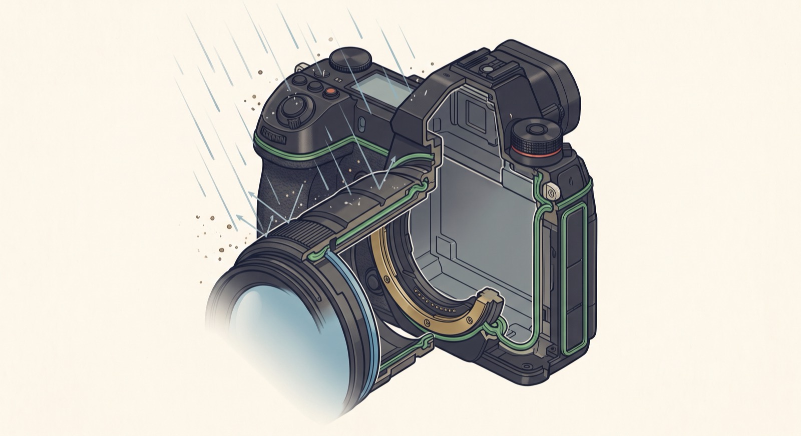 Rendered isometric cutaway showing green rubber gaskets compressed at the lens mount, card door and battery door while rain and dust are deflected outside