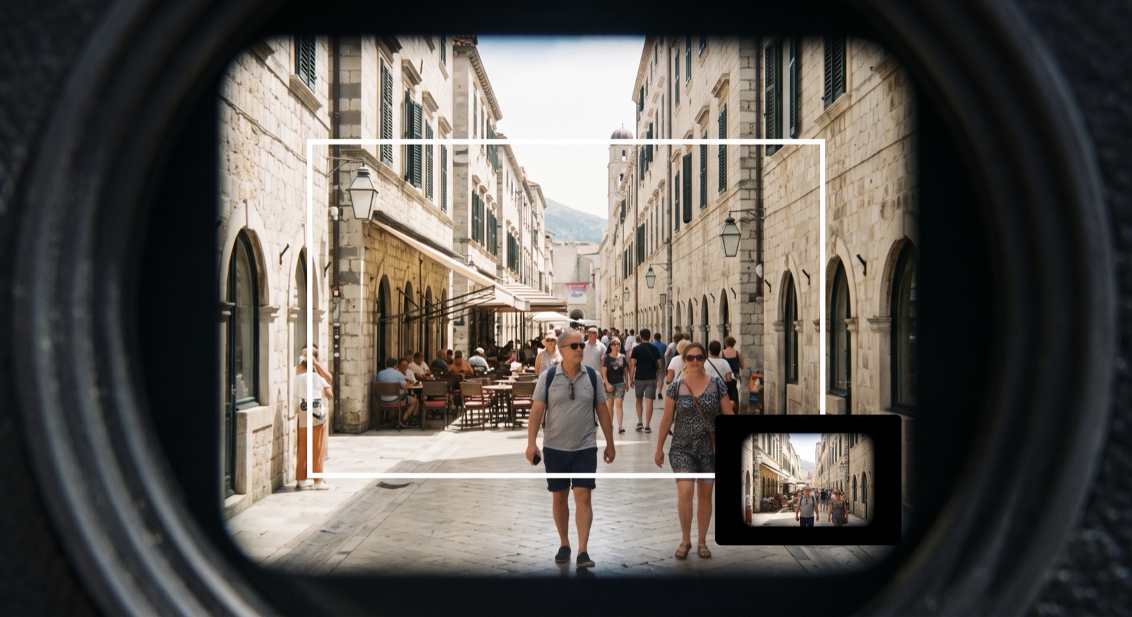 Rendered view through an optical viewfinder: bright frameline showing the capture area, scene visible beyond it, small electronic focus patch in the corner