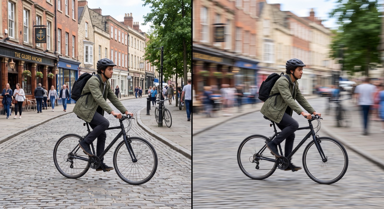 Rendered comparison of the same cyclist: frozen static frame at 1/500 versus a 1/30 pan with sharp rider and streaked background