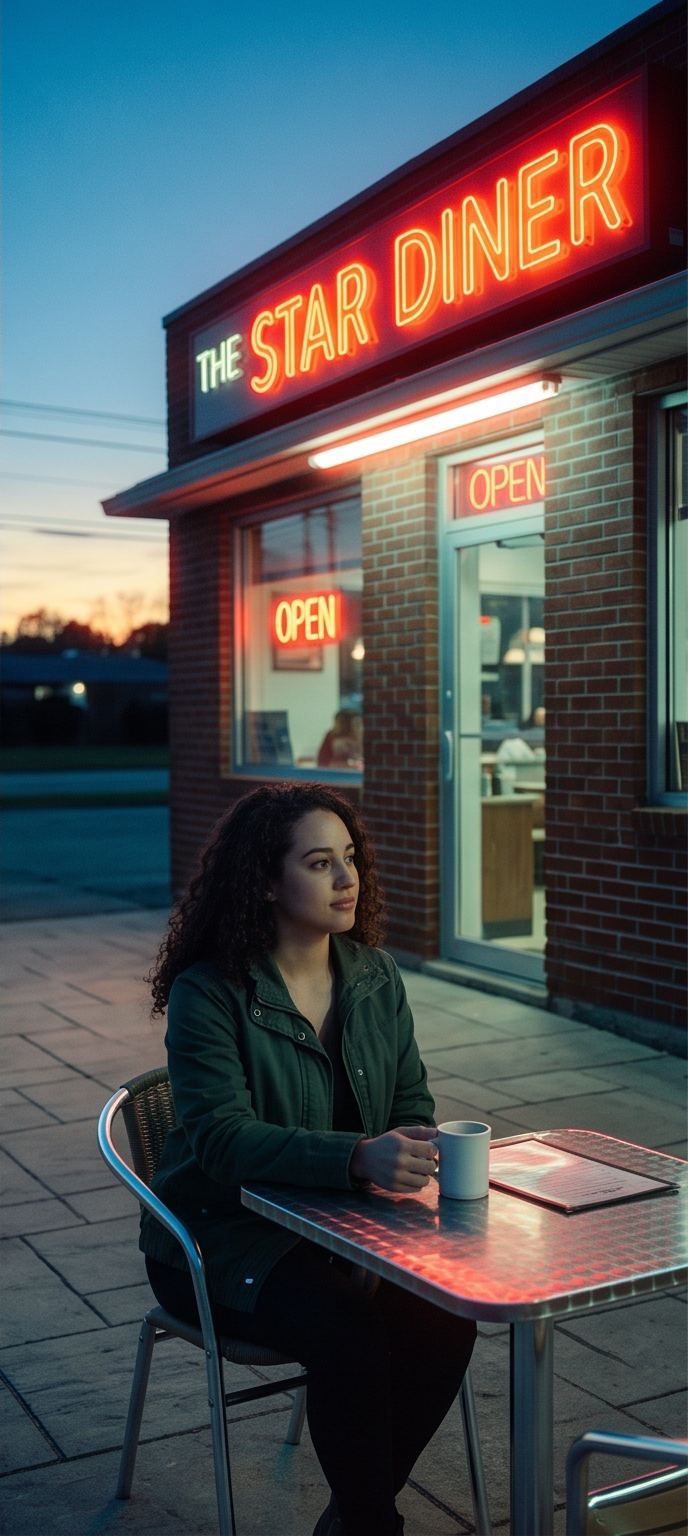 Same diner scene rendered with CineStill 800T palette: tungsten teal shadows, red neon halation
