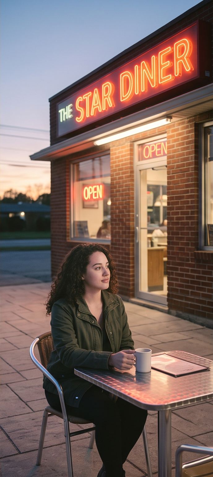Same diner scene rendered with Portra 400 palette: soft pastel tones, gentle skin