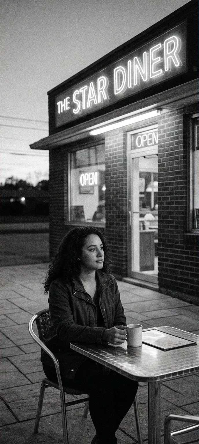Same diner scene rendered as grainy high-contrast Tri-X 400 black and white