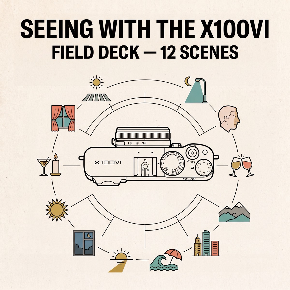 Field deck cover for the X100VI guide: twelve scene icons around a top-down camera illustration