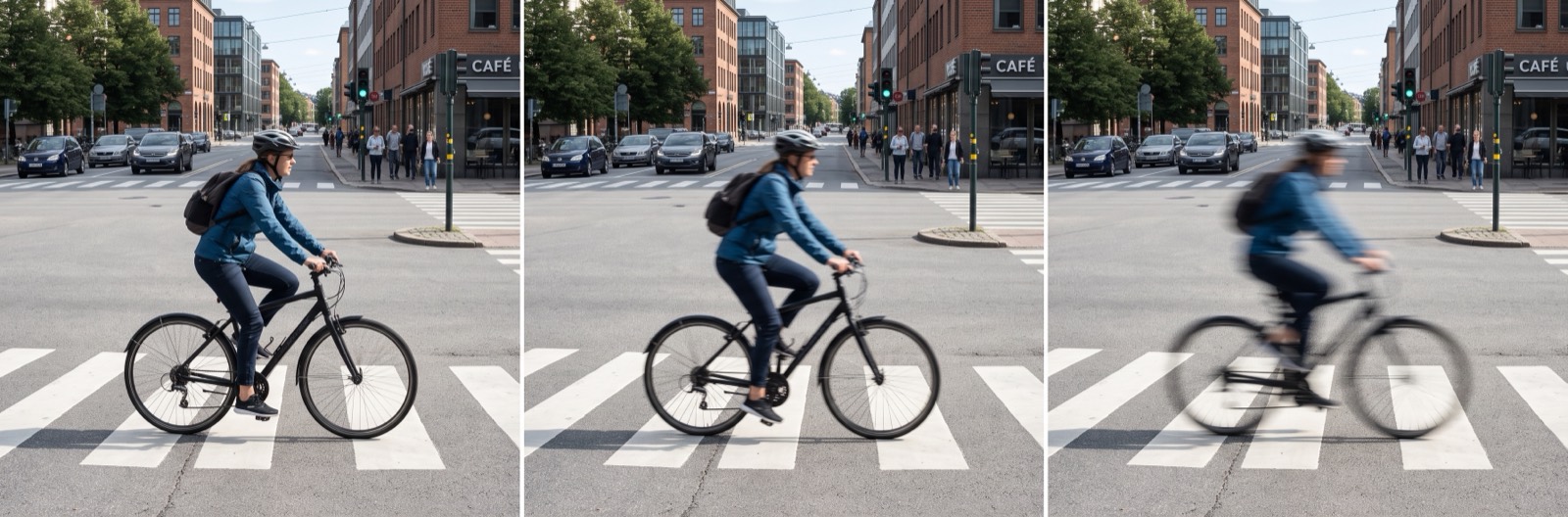 Rendered comparison of a cyclist crossing an intersection shot at 1/1000, 1/60 and 1/8 second from a fixed camera
