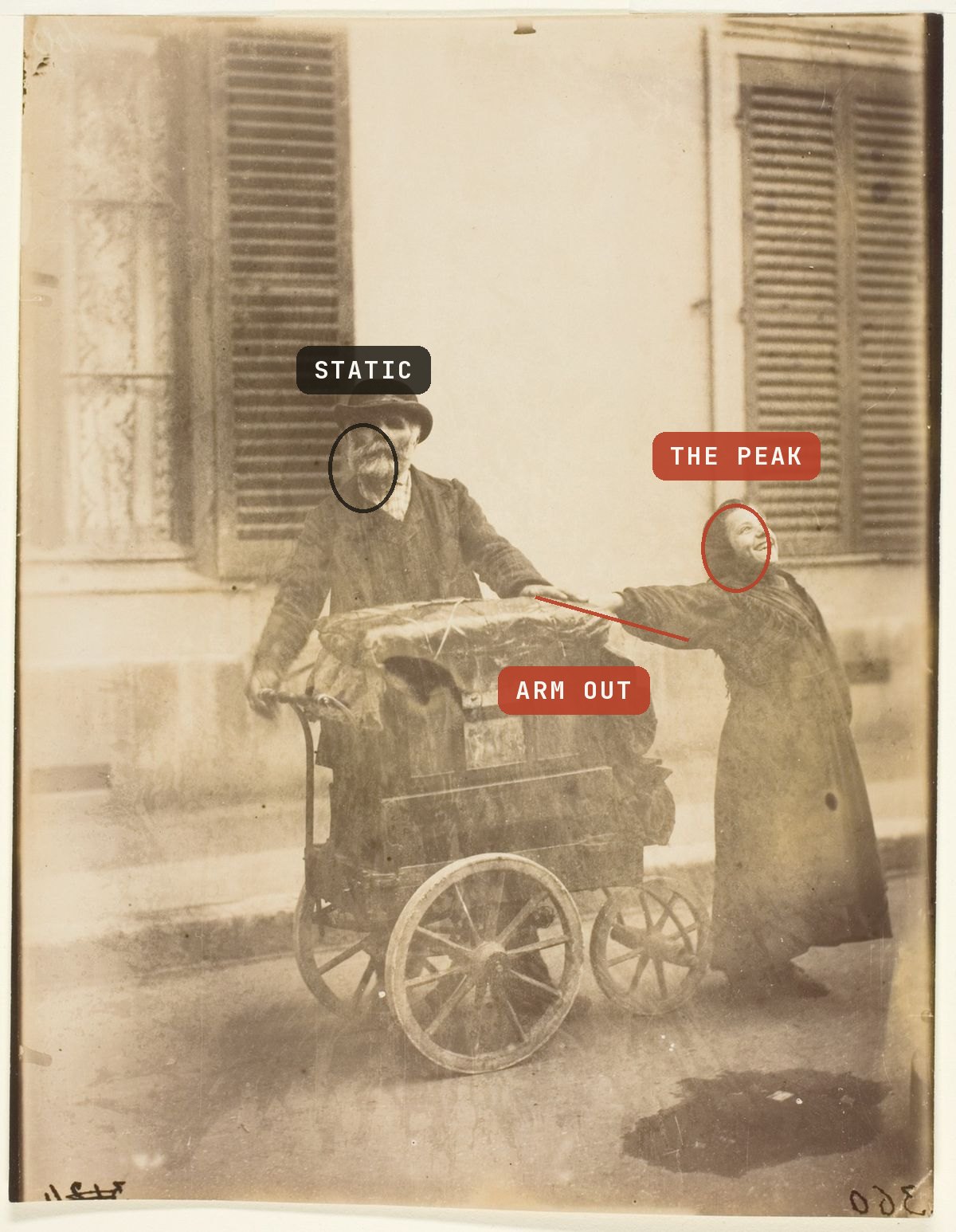 An elderly organ grinder stands at his barrel-organ cart while a young woman beside him throws her head back, singing, one arm flung out