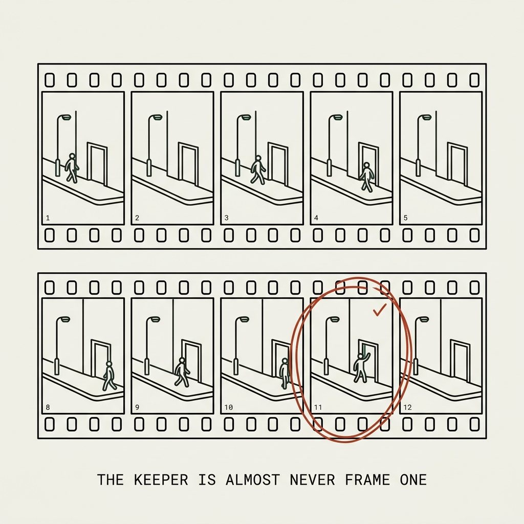 Diagram of two 35mm contact-sheet strips, the same street corner in twelve frames with a walking figure in a different position each time, frame eleven circled in red grease pencil