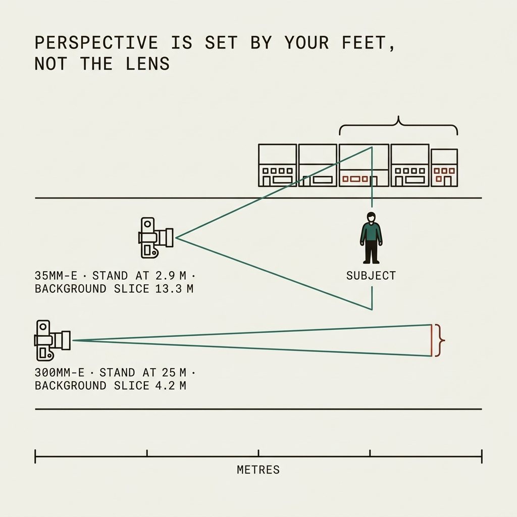 Top-down diagram: a camera 2.9 metres from a subject with a wide cone admitting a 13.3 metre slice of the buildings behind, and a second camera 25 metres away whose narrow cone admits only 4.2 metres