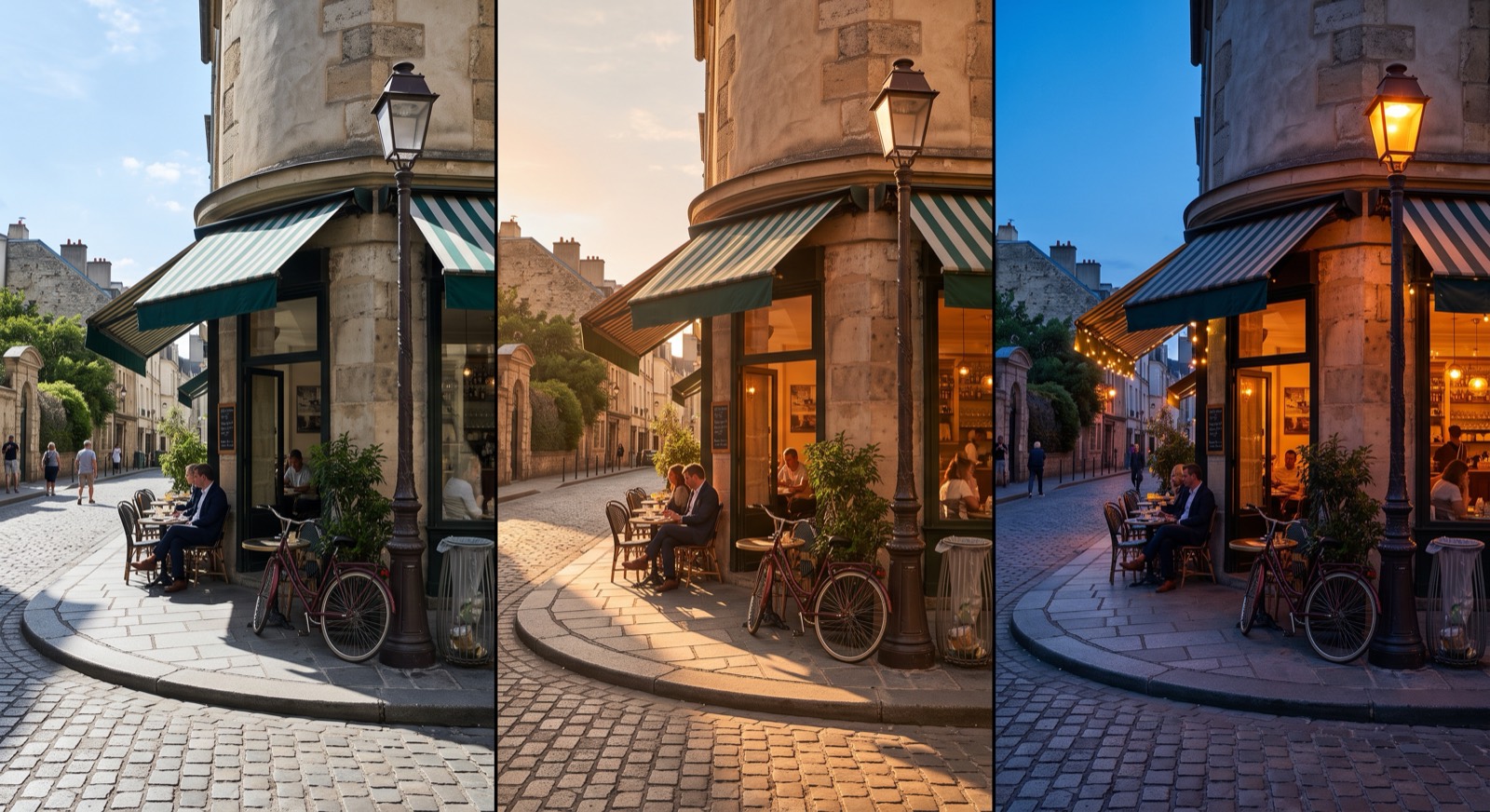 Rendered comparison of one café corner at harsh midday, golden hour and blue hour