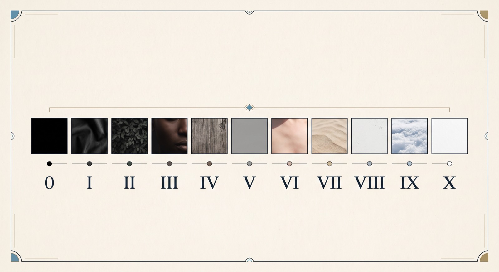 Rendered zone system chart: eleven tonal patches from pure black to pure white with photographic textures and Roman numerals 0 through X